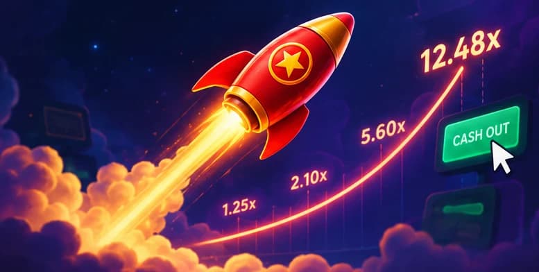 Rocket taking off alongside a rapidly rising crash game multiplier and cash-out button